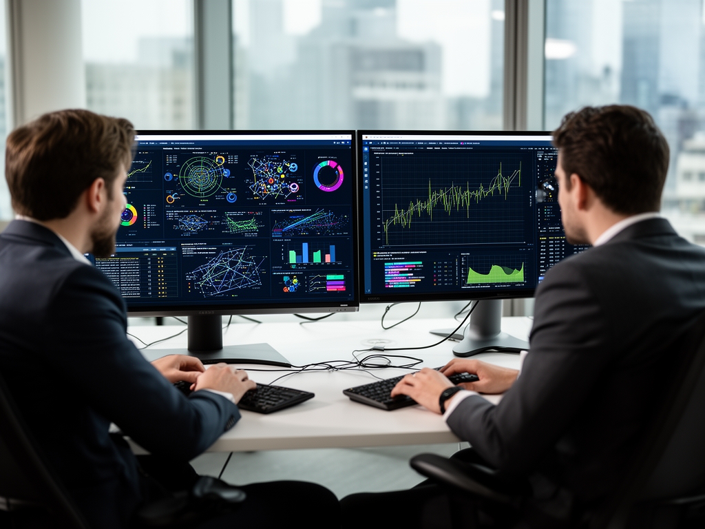 Аналитики данных обсуждают графики и модели машинного обучения на двух мониторах в современном офисе
