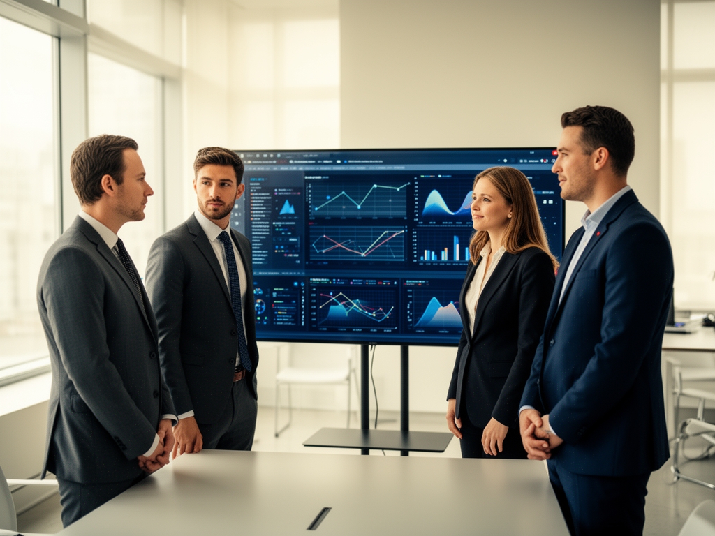 Команда аналитиков в светлом офисе Charlotte обсуждает визуализацию данных на большом экране