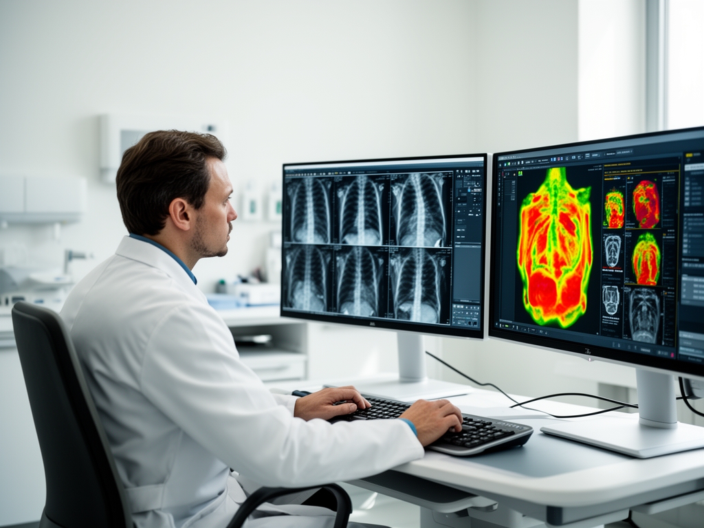 Радиолог анализирует рентгеновские снимки грудной клетки рядом с монитором, показывающим результаты работы AI-алгоритма диагностики