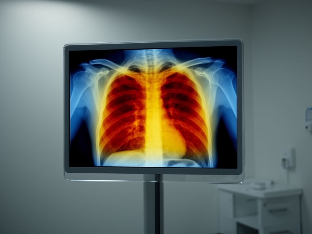 Рентгеновский снимок лёгких на медицинском мониторе с наложенной тепловой картой диагностики AI