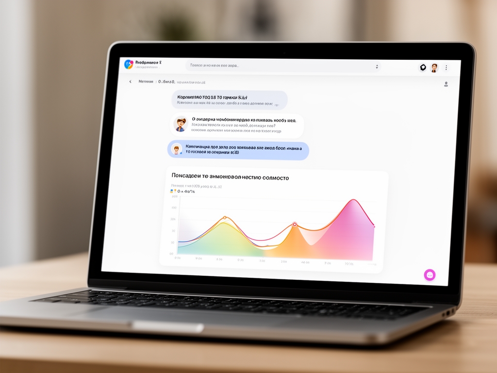 Интерфейс чат-бота с потоком диалога и графиком анализа тональности текста на экране ноутбука