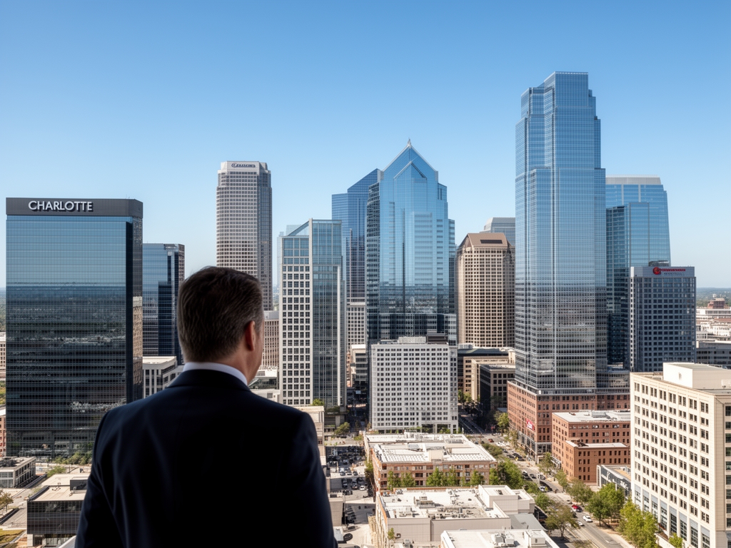 Панорама делового района Charlotte, North Carolina с небоскрёбами банков и деловых центров на фоне ясного неба
