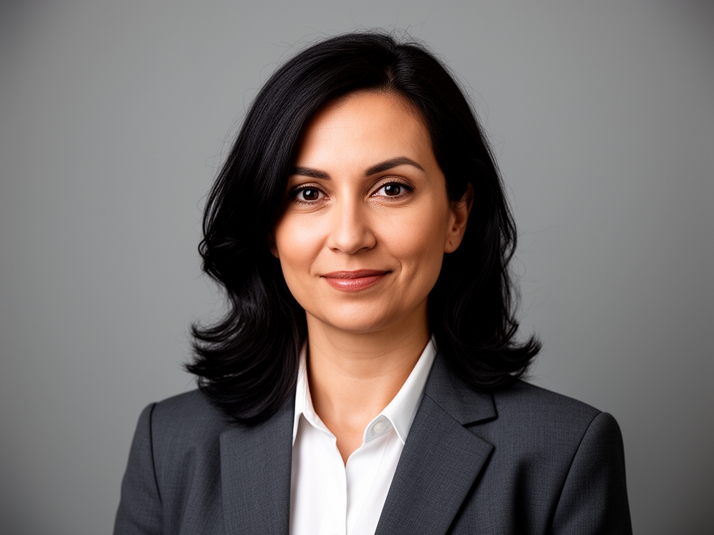Профессиональный портрет женщины-учёного с тёмными волосами в деловом костюме на нейтральном фоне