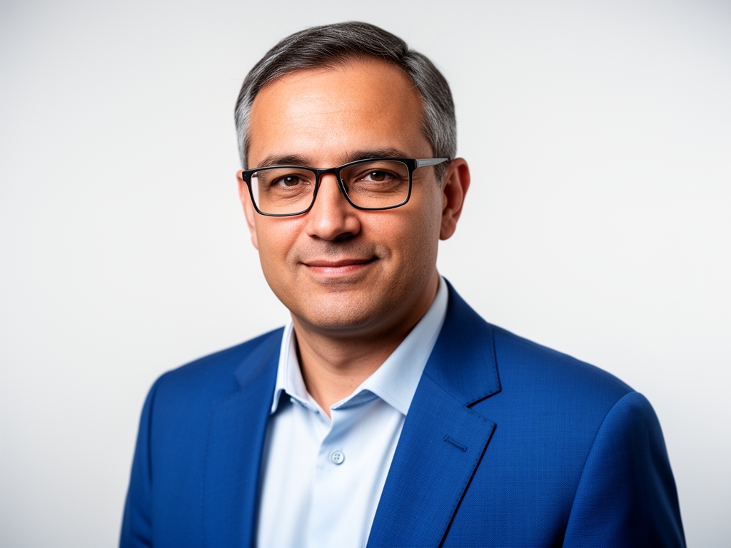 Профессиональный портрет мужчины среднего возраста в очках и синем пиджаке, специалист по данным