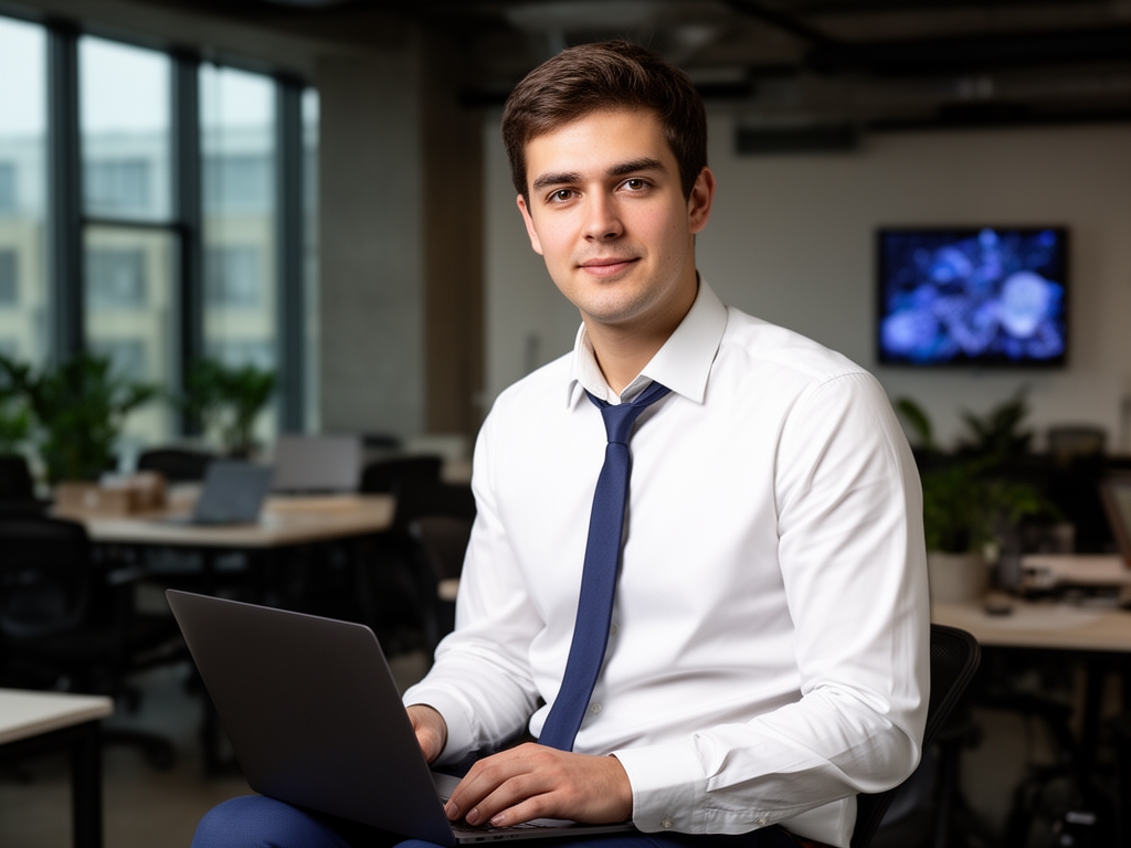 Профессиональный портрет молодого мужчины-разработчика с ноутбуком в современном коворкинге