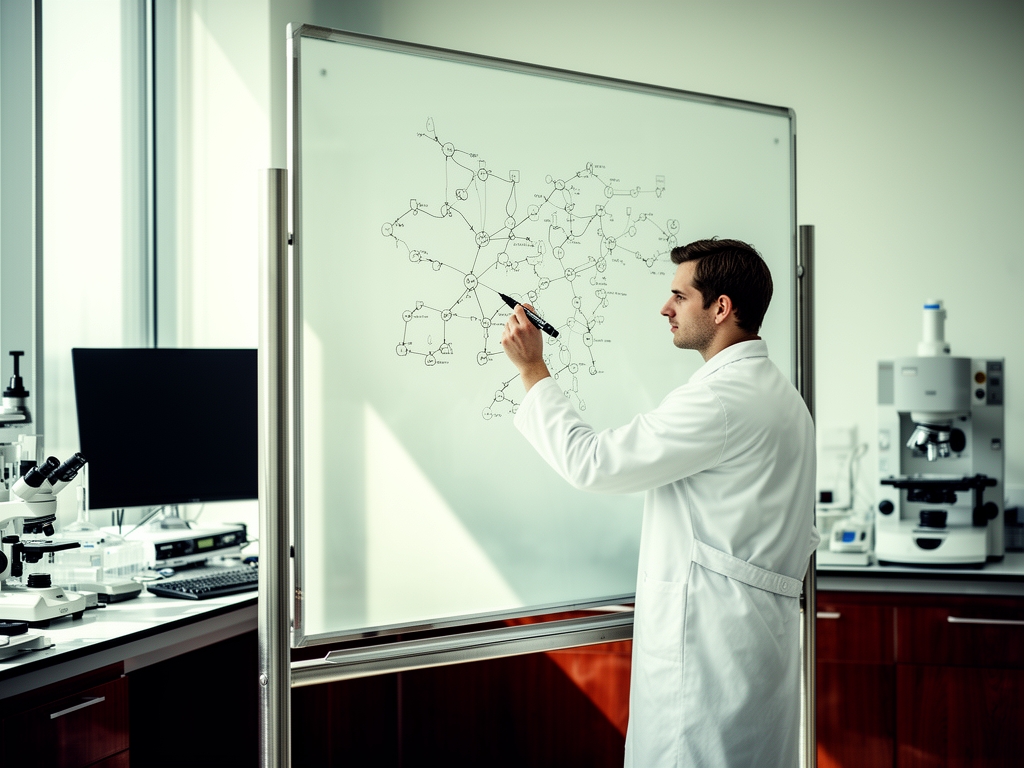 Исследователь записывает разветвлённую схему методологии анализа данных маркером на белой стеклянной доске в лаборатории