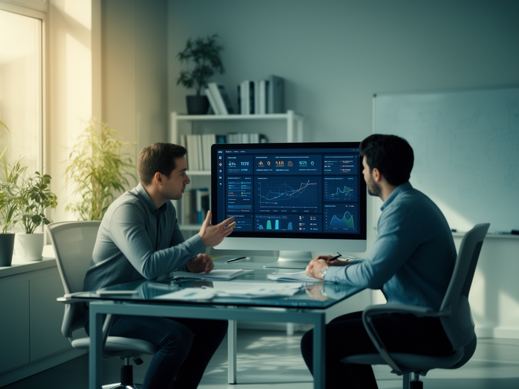 Два аналитика в офисе обсуждают обновление документации по AI-проекту, просматривая дашборд с метриками качества модели на экране