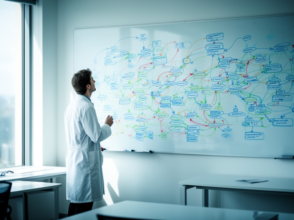 Исследователь изучает схему пайплайна данных на белой доске с разноцветными диаграммами и стрелками