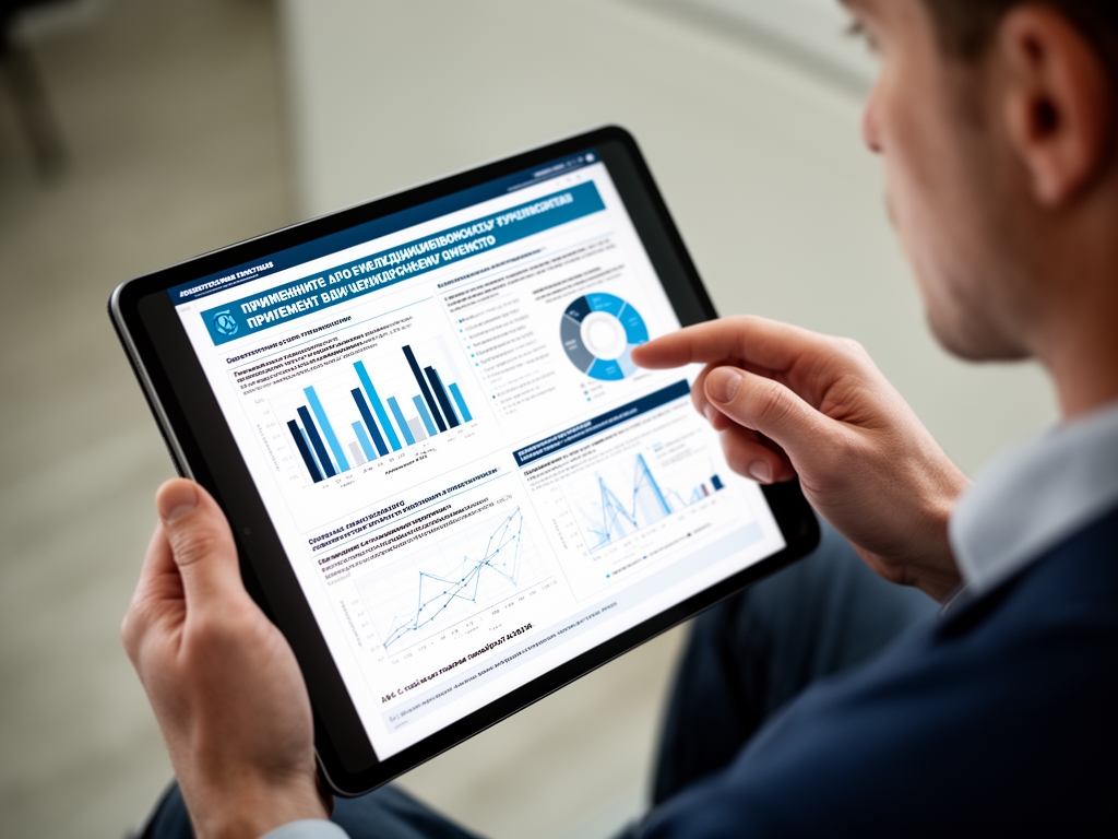 Исследователь изучает многостраничный аналитический отчёт на планшете с визуализацией данных по применению AI в медицинских учреждениях